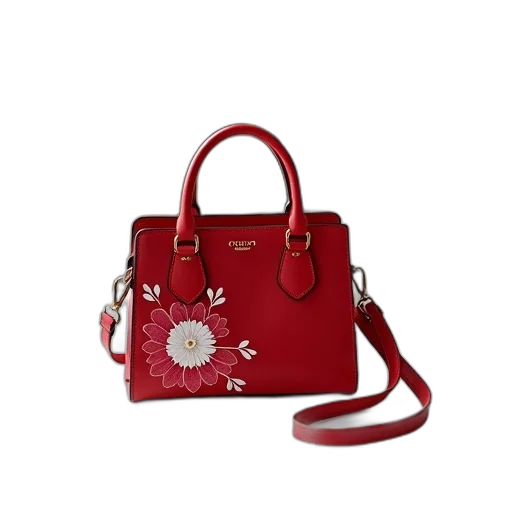 red, handbag, floral, design, ribbon, sits, white, tablecloth transparent PNG cut-out