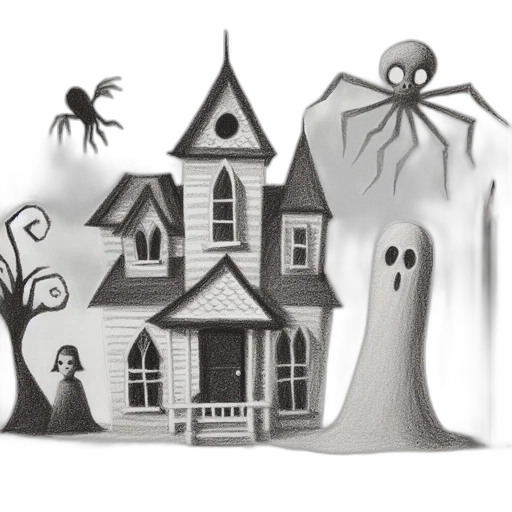 concept art, 3d render, eerie, scene, features, haunted, house, ghostly transparent PNG cut-out