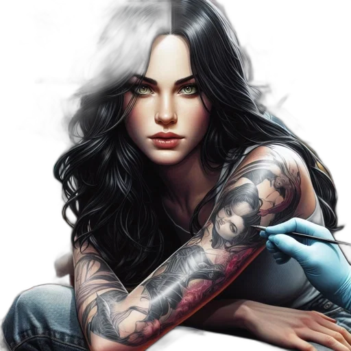 comic book art, photorealistic, fantasy art, concept art, woman, gets, tattoo, face transparent PNG cut-out