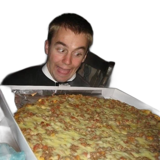food, jacket, creature, face, man, looking, large, pizza transparent PNG cut-out