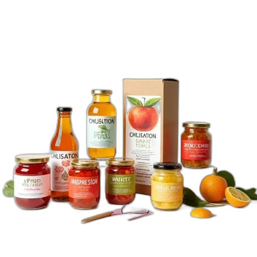 food, collection, glass, bottles, jars, colorful, labels, box transparent PNG cut-out