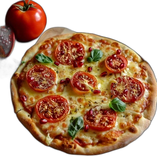 food, photorealistic, 3d render, colorful, pizza, tomatoes, cheese, basil transparent PNG cut-out