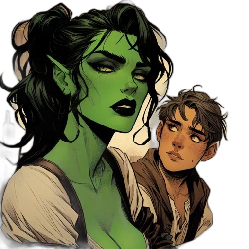 comic book art, concept art, fantasy art, watercolor, green, earth tones, two, animated transparent PNG cut-out