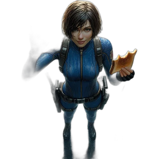 jacket, weapon, concept art, comic book art, 3d render, fantasy art, blue, female transparent PNG cut-out