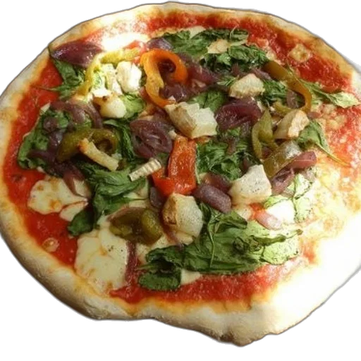 food, 3d render, photorealistic, freshly, baked, pizza, topped, spinach transparent PNG cut-out