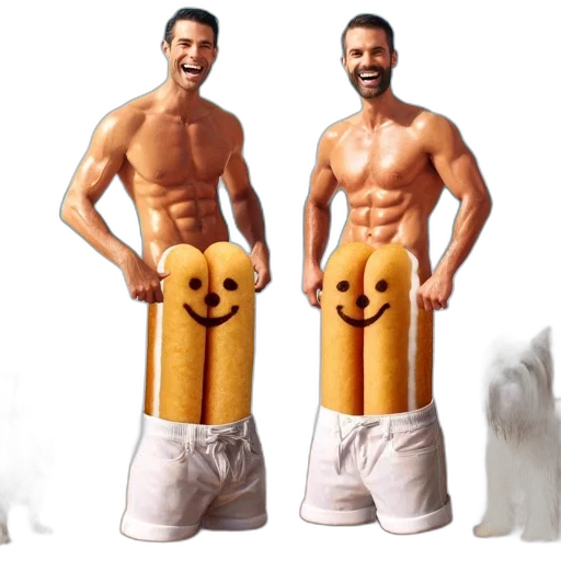 food, mask, furniture, concept art, 3d render, two, shirtless, men transparent PNG cut-out