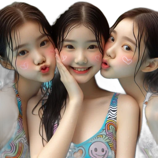 photorealistic, 3d render, oil painting, cartoon, three, young, women, wearing transparent PNG cut-out