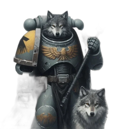 staff, concept art, fantasy art, comic book art, photorealistic, armored, figure, wolf transparent PNG cut-out