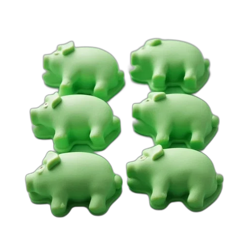 3d render, green, mini, cake, tray, six, pig, shapes transparent PNG cut-out