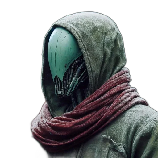 mask, jacket, creature, face, concept art, cyberpunk, 3d render, fantasy art transparent PNG cut-out