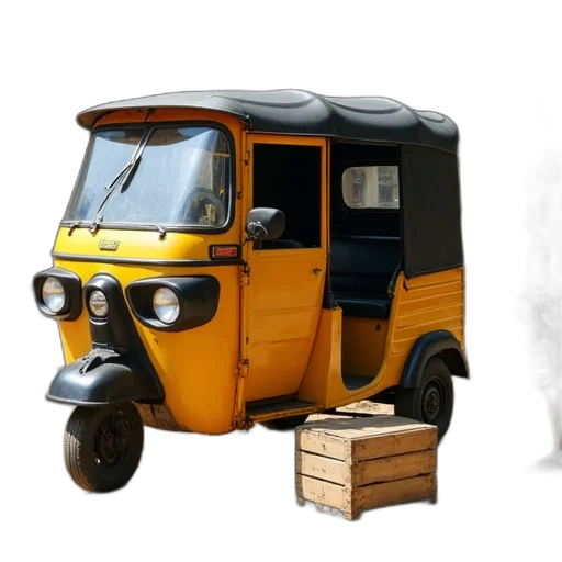 3d render, concept art, photorealistic, pencil sketch, yellow, black, three-wheeled, auto-rickshaw transparent PNG cut-out