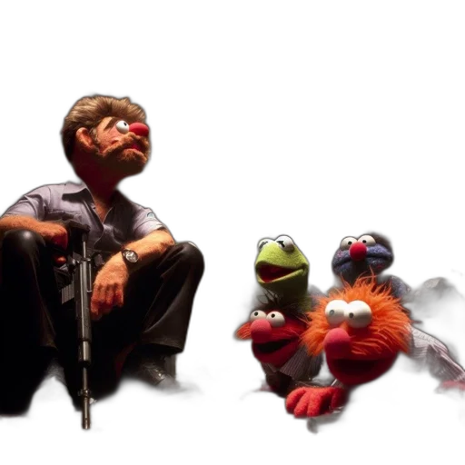 concept art, 3d render, photorealistic, outer space, fire, fog, muppets, characters transparent PNG cut-out