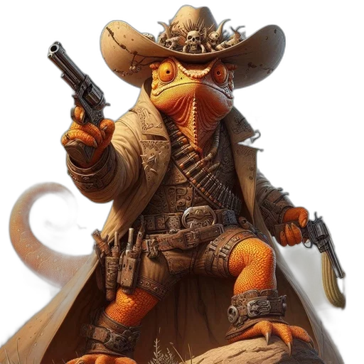 weapon, concept art, fantasy art, anthropomorphic, lizard, resembling, cowboy, stands transparent PNG cut-out