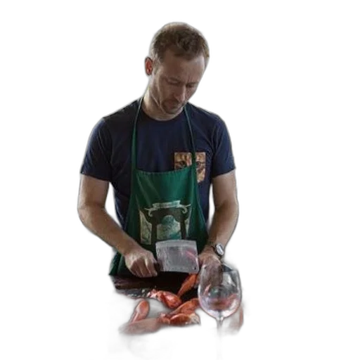 staff, food, man, kitchen, preparing, wearing, apron, green transparent PNG cut-out