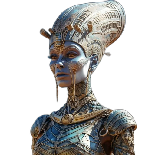 robot, crown, face, staff, concept art, fantasy art, 3d render, comic book art transparent PNG cut-out