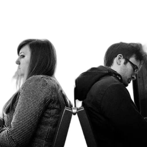 staff, jacket, black, white, photo, two, people, sitting transparent PNG cut-out