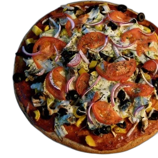 food, crown, 3d render, photorealistic, pizza, tomatoes, onions, olives transparent PNG cut-out