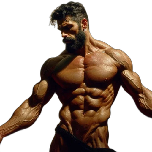 photorealistic, 3d render, concept art, oil painting, muscular, man, stands, shirtless transparent PNG cut-out