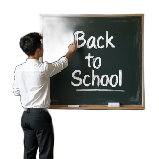 3d render, person, standing, front, blackboard, words, back, school transparent PNG cut-out