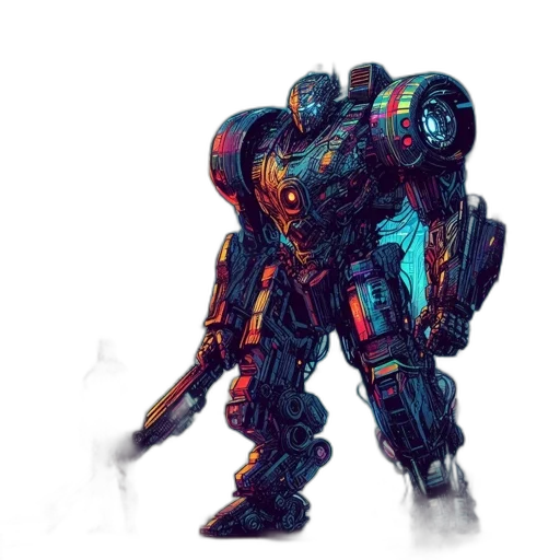 robot, weapon, concept art, fantasy art, 3d render, cyberpunk, outer space, blue transparent PNG cut-out
