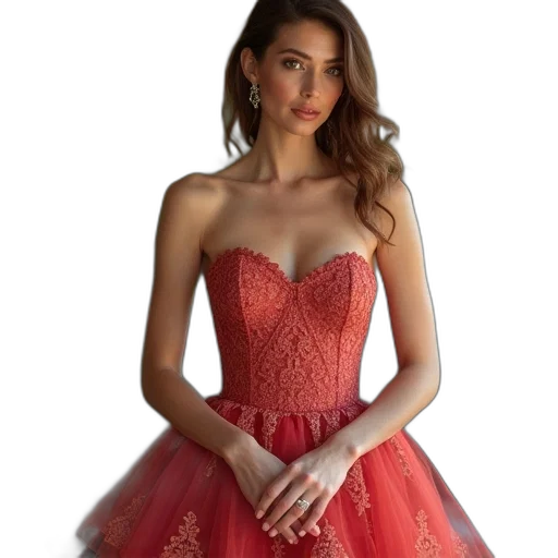 dress, jewelry, photorealistic, red, strapless, cocktail, sweetheart, neckline transparent PNG cut-out