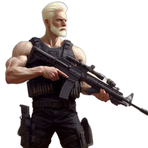 weapon, concept art, 3d render, pixel art, cyberpunk, muscular, man, tactical transparent PNG cut-out