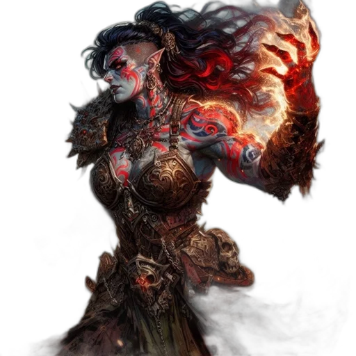 fantasy art, concept art, comic book art, pixel art, fire, red, dark, blue-skinned transparent PNG cut-out