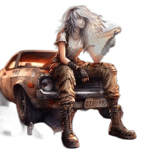 car, concept art, fantasy art, photorealistic, cyberpunk, golden, woman, repairs transparent PNG cut-out