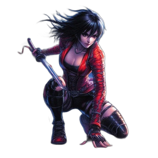 weapon, comic book art, concept art, fantasy art, cyberpunk, red, fierce, woman transparent PNG cut-out