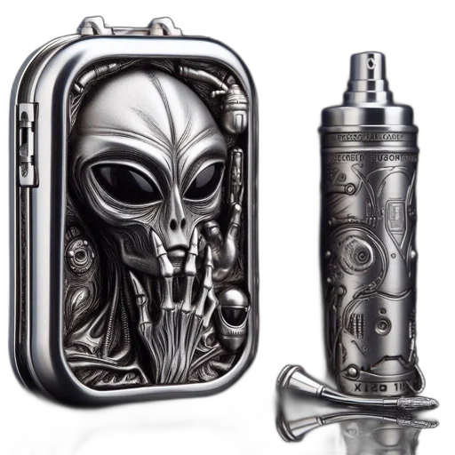 concept art, cyberpunk, outer space, two, silver, devices, sit, against transparent PNG cut-out