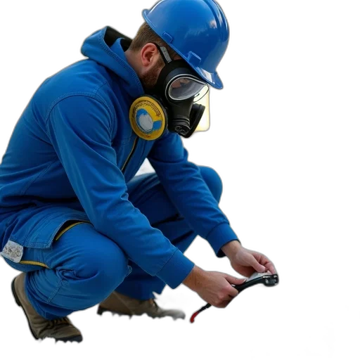 staff, person, blue, jumpsuit, gas, mask, working, construction transparent PNG cut-out