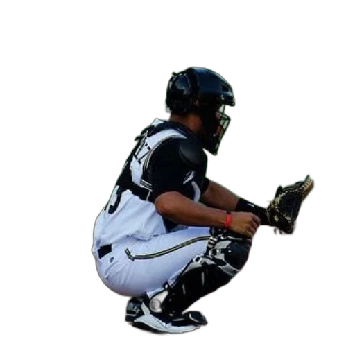 staff, animal, baseball, catcher, black, white, uniform, crouches transparent PNG cut-out