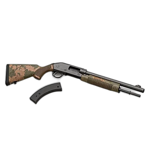 weapon, 3d render, realistic, rendering, shotgun, camouflage, pattern, featuring transparent PNG cut-out