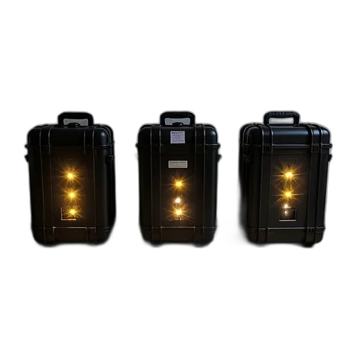 3d render, three, identical, black, plastic, cases, yellow, white transparent PNG cut-out