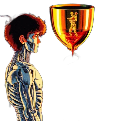 concept art, comic book art, surreal, scene, depicts, young, man, skeletal transparent PNG cut-out