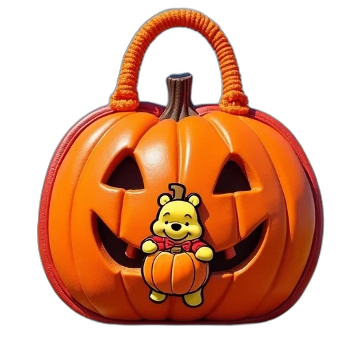 3d render, photorealistic, concept art, pixel art, halloween-themed, pumpkin-shaped, bag, winnie transparent PNG cut-out