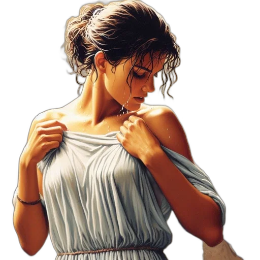 dress, jewelry, photorealistic, oil painting, fantasy art, pixel art, sunset, beach transparent PNG cut-out