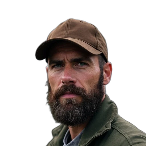 jacket, hat, staff, animal, photorealistic, man, beard, mustache transparent PNG cut-out