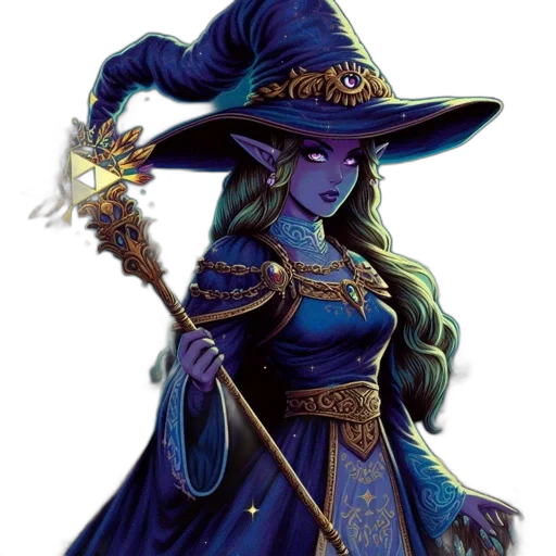 staff, hat, dress, fantasy art, concept art, pixel art, comic book art, blue transparent PNG cut-out