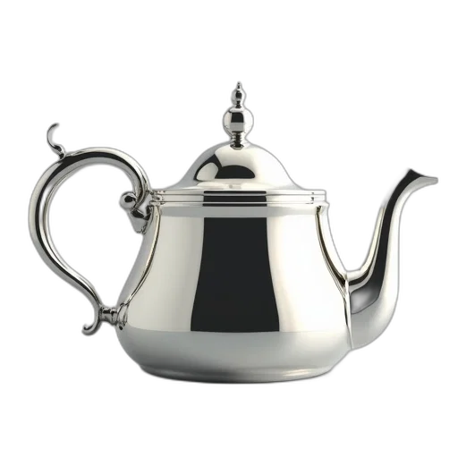 3d render, photorealistic, silver, teapot, reflective, surface, curved, handle transparent PNG cut-out