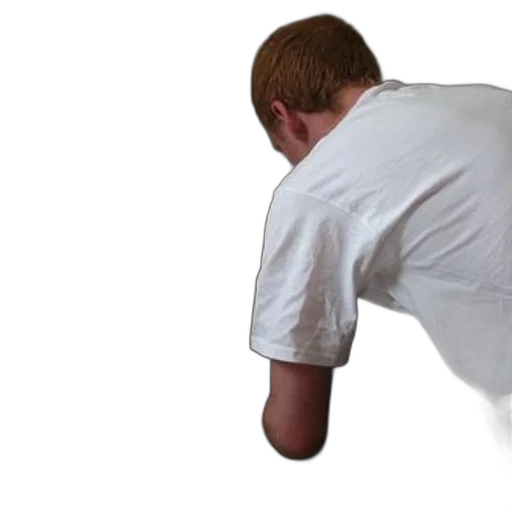 staff, jacket, creature, furniture, person, white, t-shirt, crouching transparent PNG cut-out