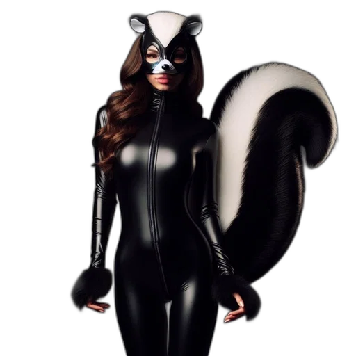 animal, creature, concept art, 3d render, woman, black, skunk-like, bodysuit transparent PNG cut-out