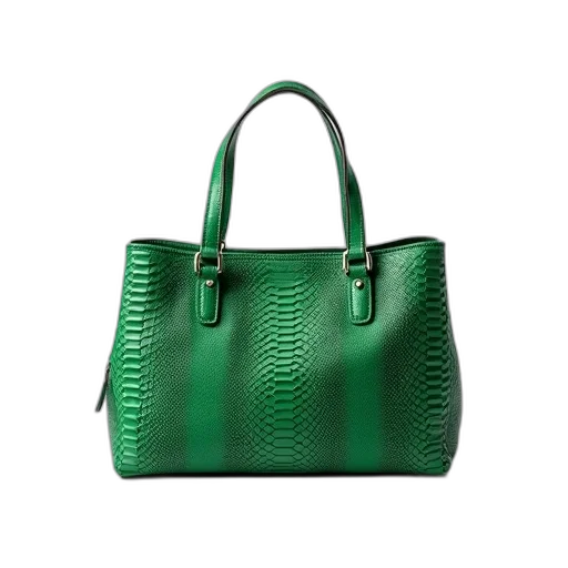 green, leather, handbag, textured, pattern, resembling, snakeskin, displayed transparent PNG cut-out