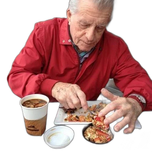 food, jewelry, jacket, photorealistic, elderly, man, red, enjoys transparent PNG cut-out