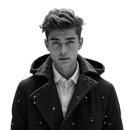 jacket, face, hair, hat, photorealistic, cartoon, snow, dark transparent PNG cut-out