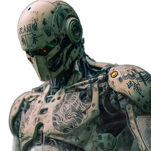 robot, cyberpunk, concept art, 3d render, comic book art, green, sophisticated, antique-looking transparent PNG cut-out