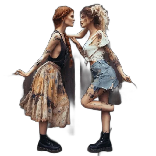 dress, concept art, oil painting, photorealistic, watercolor, city street, two, female transparent PNG cut-out