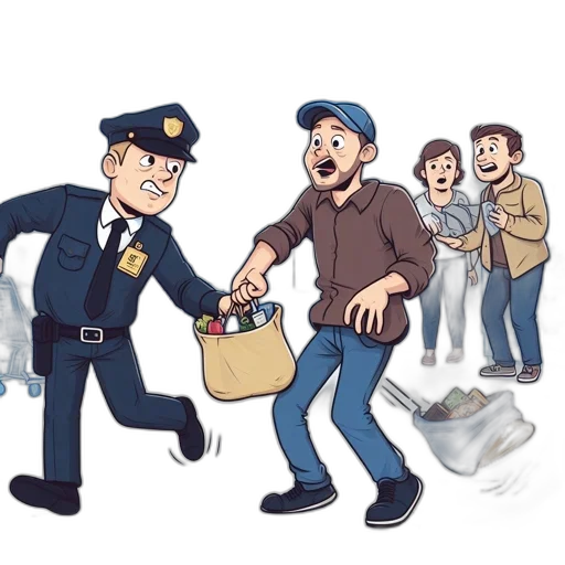 concept art, cartoon, comic book art, city street, inside, walmart, store, policeman transparent PNG cut-out