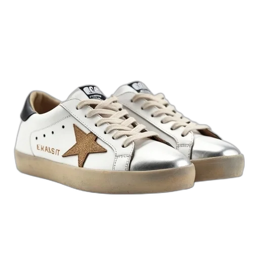 shoes, pair, white, sneakers, star, design, side, metallic transparent PNG cut-out