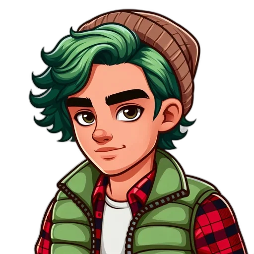 jacket, face, cartoon, pixel art, anime, comic book art, green, illustration transparent PNG cut-out